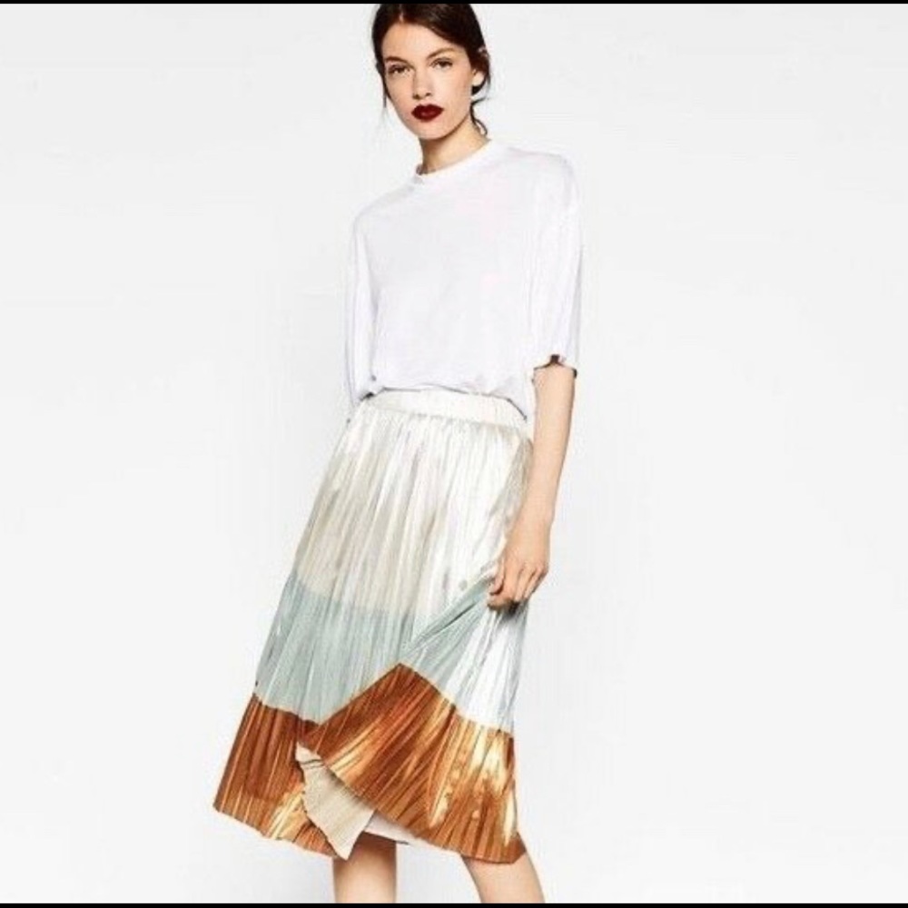ZARA Metallic Pleated Multi-Colored Midi Skirt